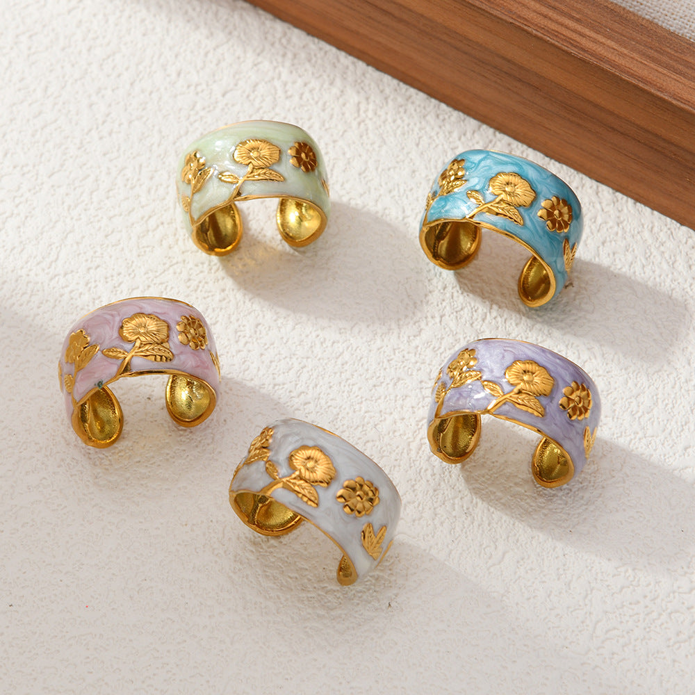 Titanium Steel Rose Oil Dripping Open Retro High-grade Flower Female Ring