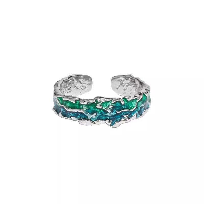 Women's Luxury Blue Green Drip Glazed Sterling Ring