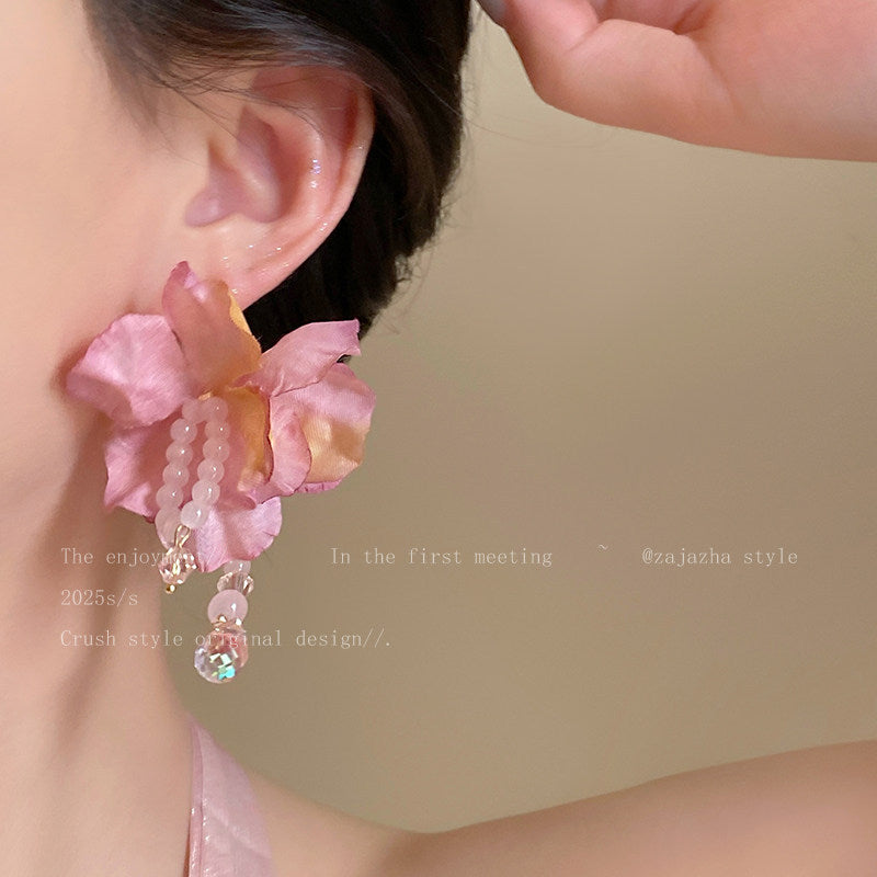 Women's Blue Flower Exaggerating Tassel Super Fairy Rings