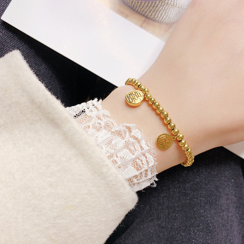 Beads Round Stretch Female Design Titanium Steel Golden Hollow Blessing Bracelet