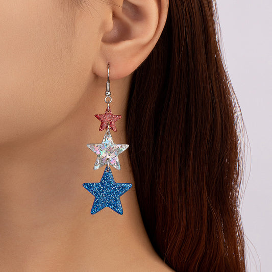 Five-pointed Star Three-color Stitching Glitter Personalized Eardrops Style Fashion Earrings