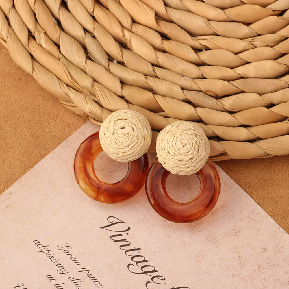 Retro Beach Vacation Bohemian Grass Rattan Woven Female Temperament Long Earrings