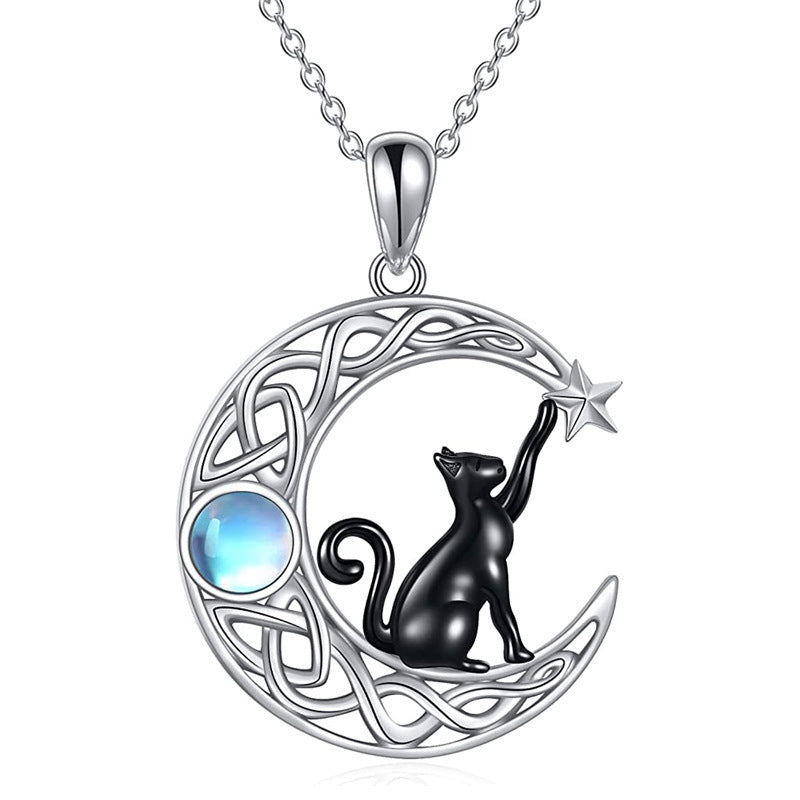 Creative Fashion Simple Moonstone Moon Black Cat Female Necklace
