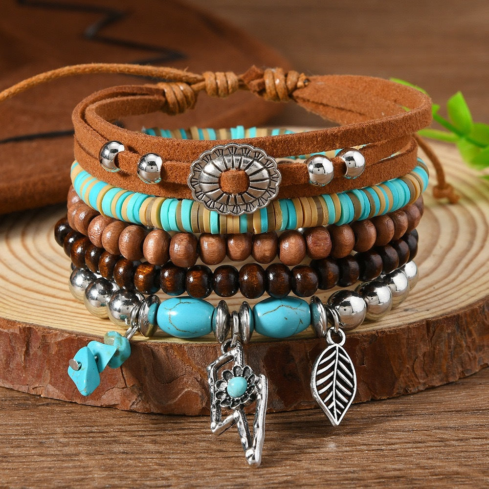Wooden Bead Leather Rope Twin Ethnic Bracelet