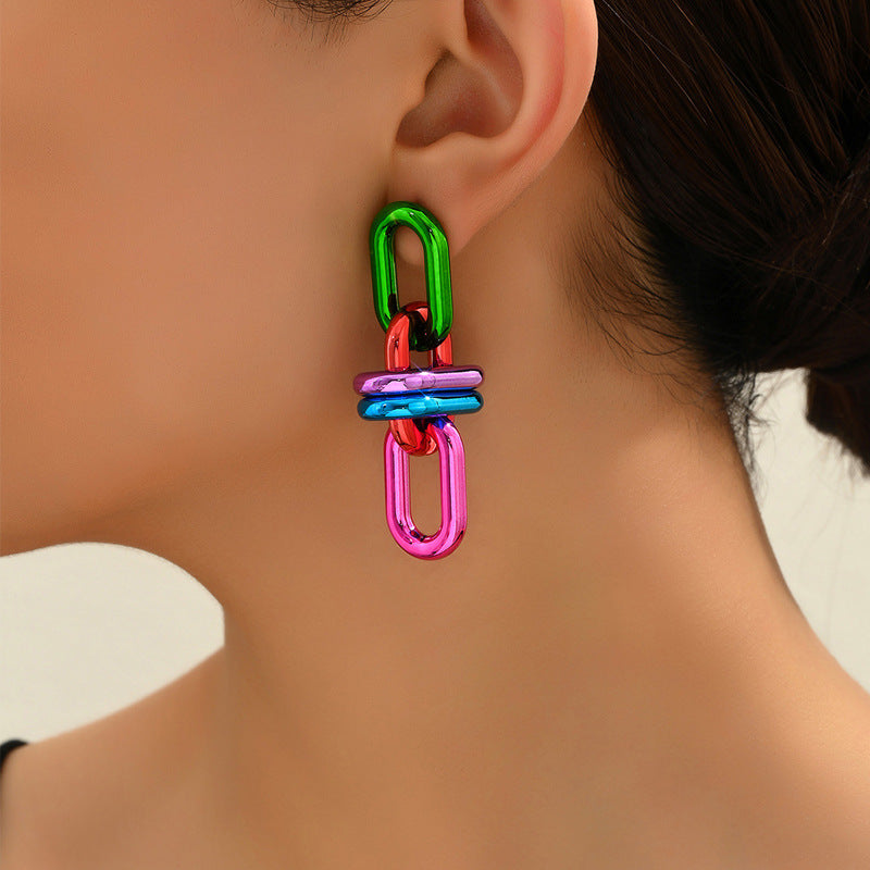 Women's Geometric Light Luxury Chain Color Contrast Patchwork Electroplated Earrings