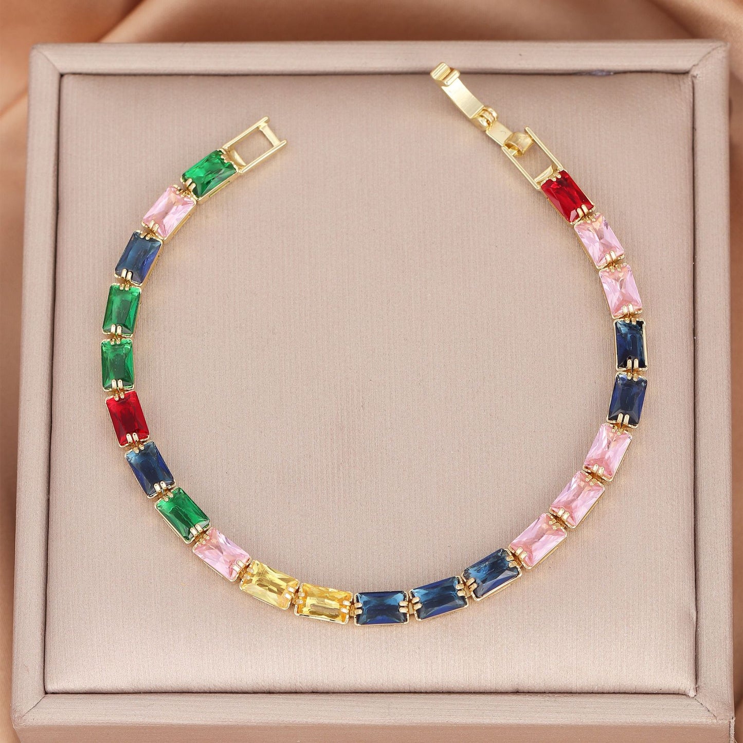 Simple Copper Square Color Zircon Advanced Light Luxury Rainbow Folding Bracelet