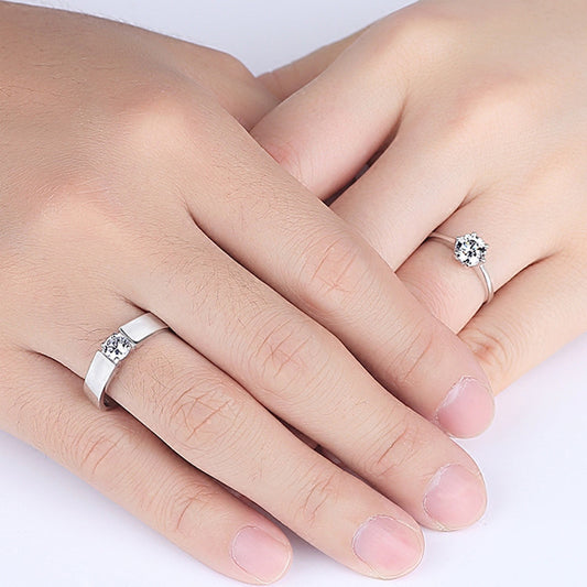 Women's & Men's Elegant Artificial Diamond Couple Open Mouth Wedding Sier Inlaid Rings