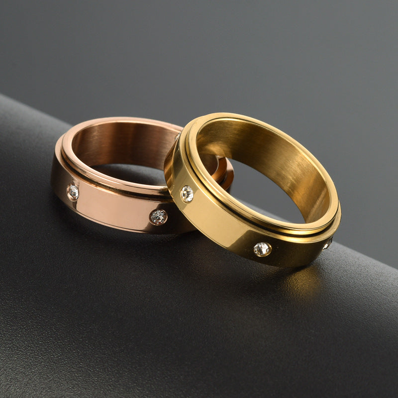 Korean Style Simple Stainless Steel Glossy Diamond Rotatable Male Rings