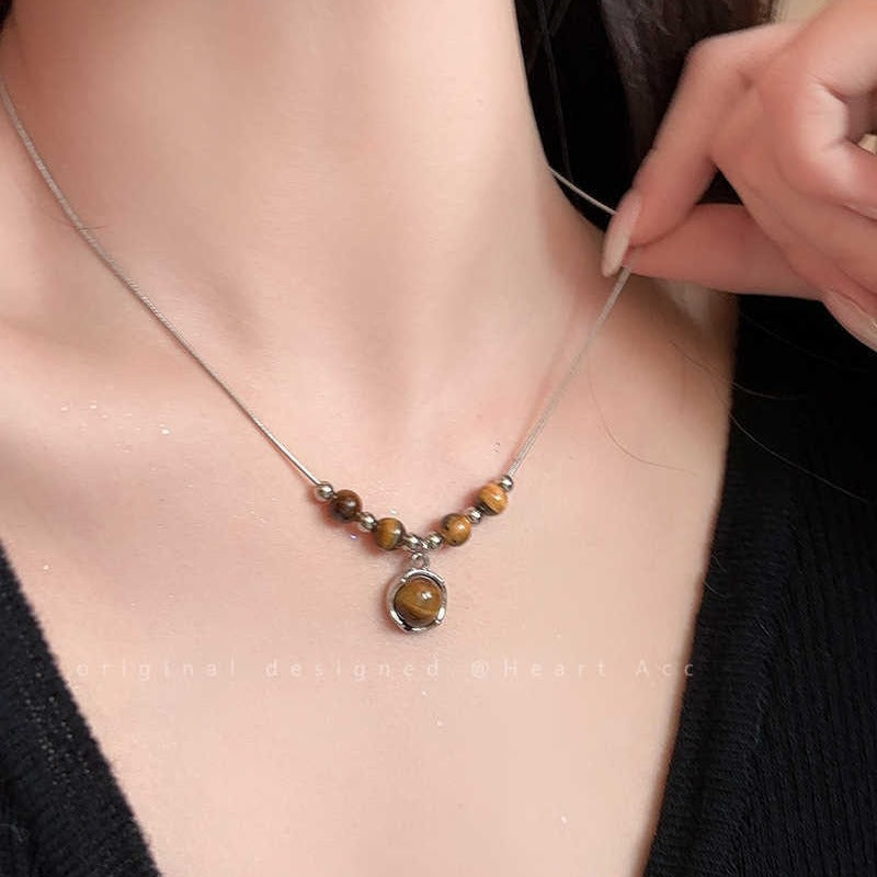 Women's Retro Leather Tiger Eye Chinese Style Twin Niche Necklaces