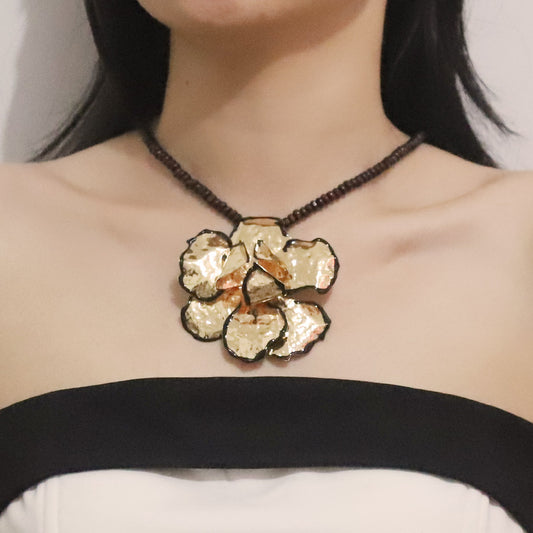 Black Edge Metal Large Flower Ear Necklaces