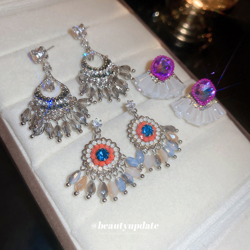 Sier Artificial Crystal Hollow Chinese Ethnic Style Tassel Earrings