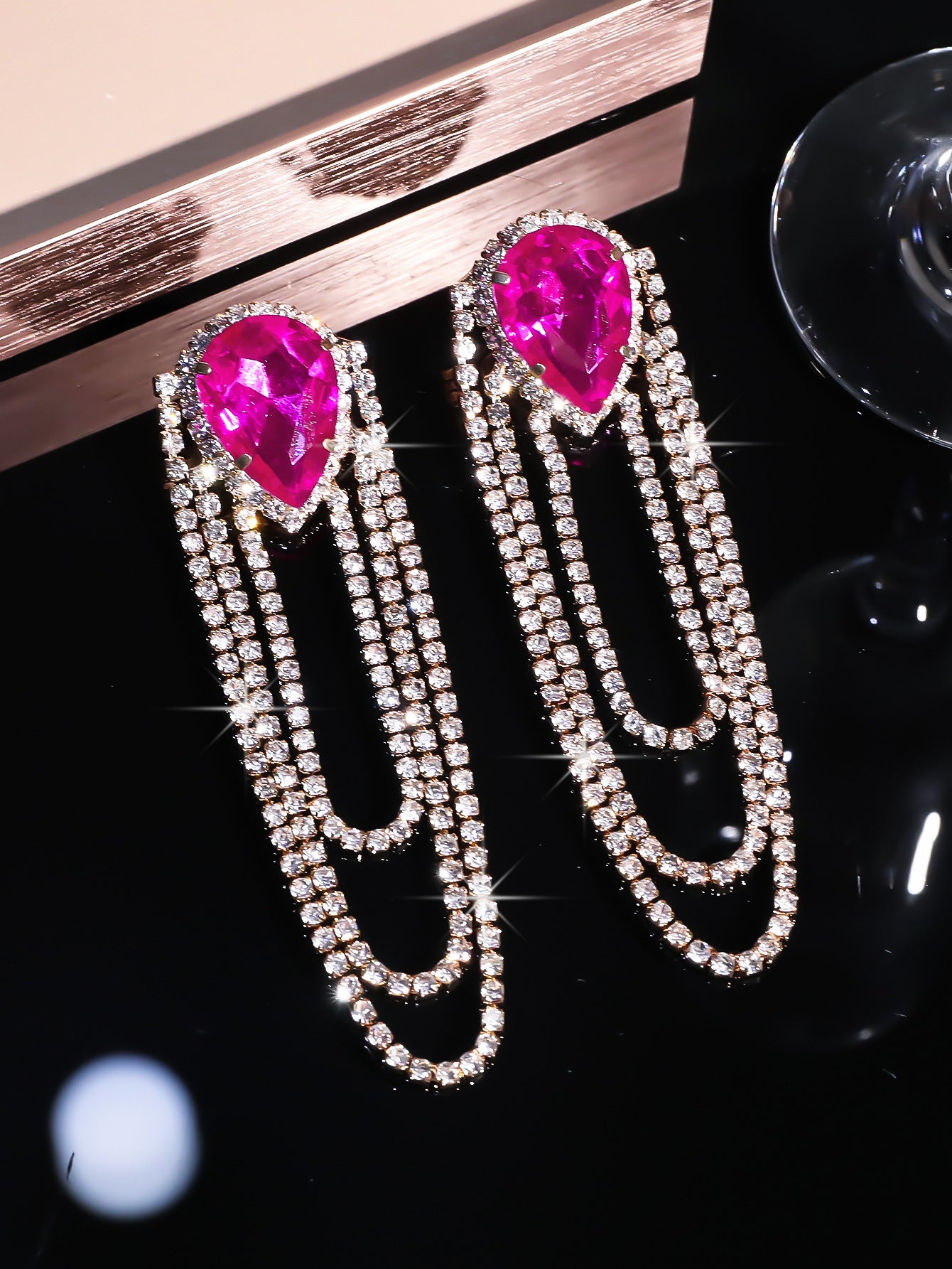 Women's Luxurious Style Shiny Rhinestone Long Fashion Gradient Multicolored Tassel Earrings