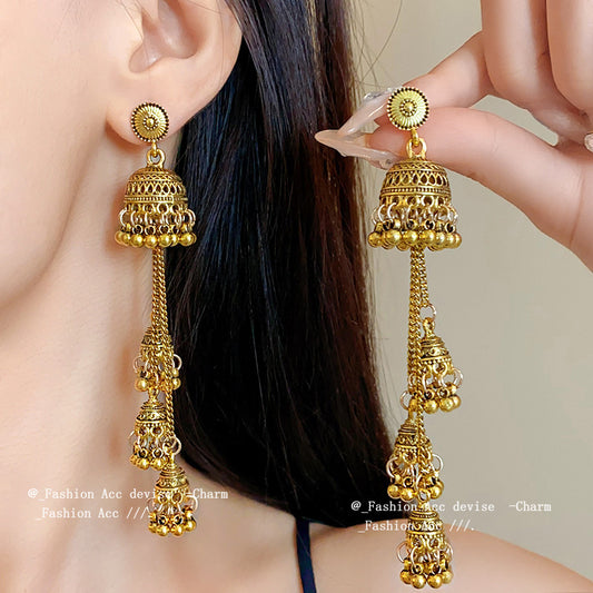 Sier Needle Round Tassel Vintage Court Style Long Earrings