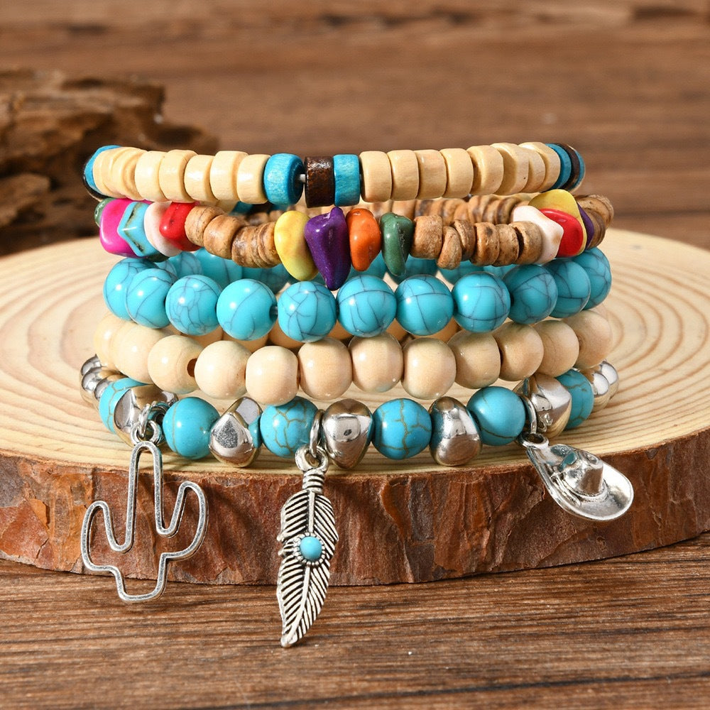 Wooden Bead Leather Rope Twin Ethnic Bracelet