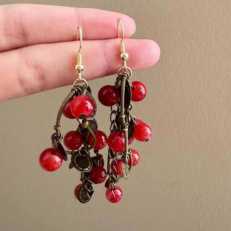 Red Fruit Beaded Tassel Ear Hook Style Retro Sense Chic Rings