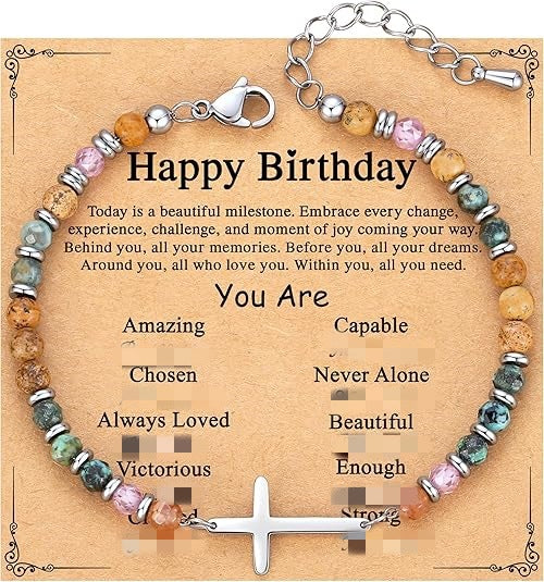 Women's Natural Stone Beaded Cross Lobster Buckle Adjustable Band Bracelet