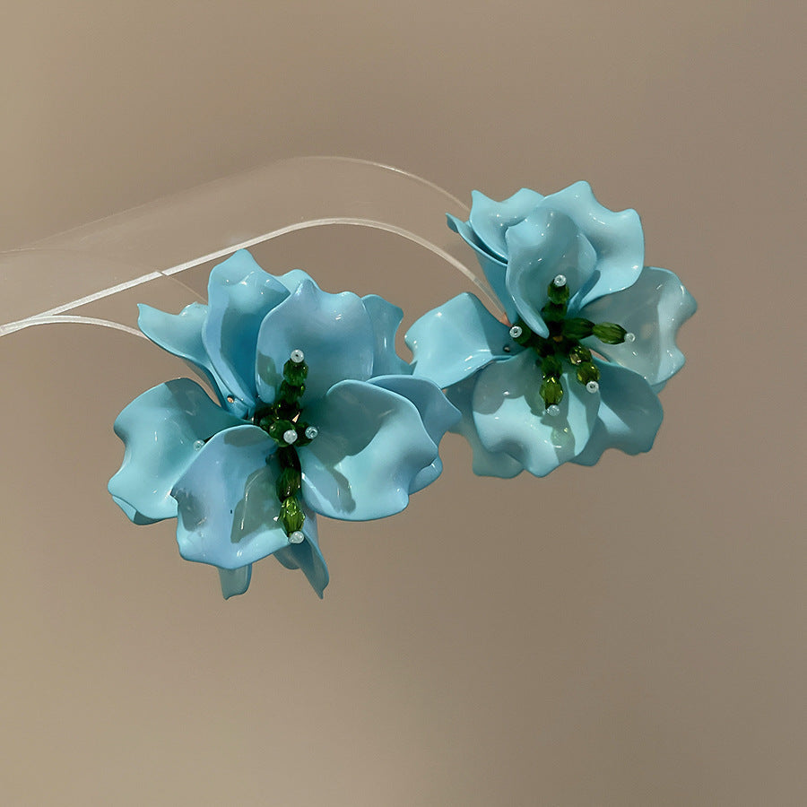 Women's Fresh Blue Fabric Flower Tassel Seaside Vacation Style Light Stud Earrings