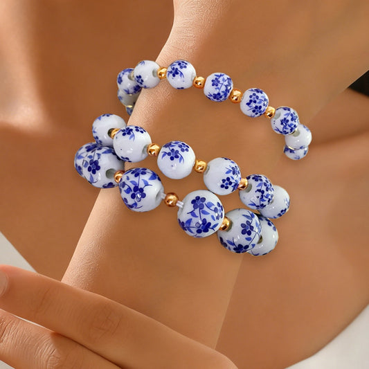 Men's Blue White Porcelain Pattern Lady Literature Antique Bracelet