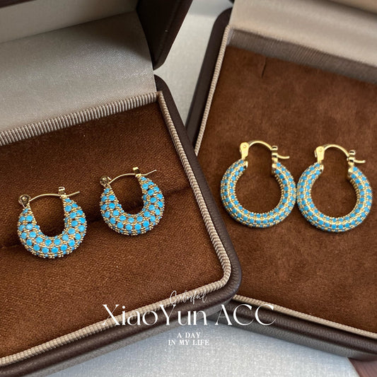 Turquoise Micro Inlaid Zircon Geometric Hoop Cold Wind Ear Niche Earrings