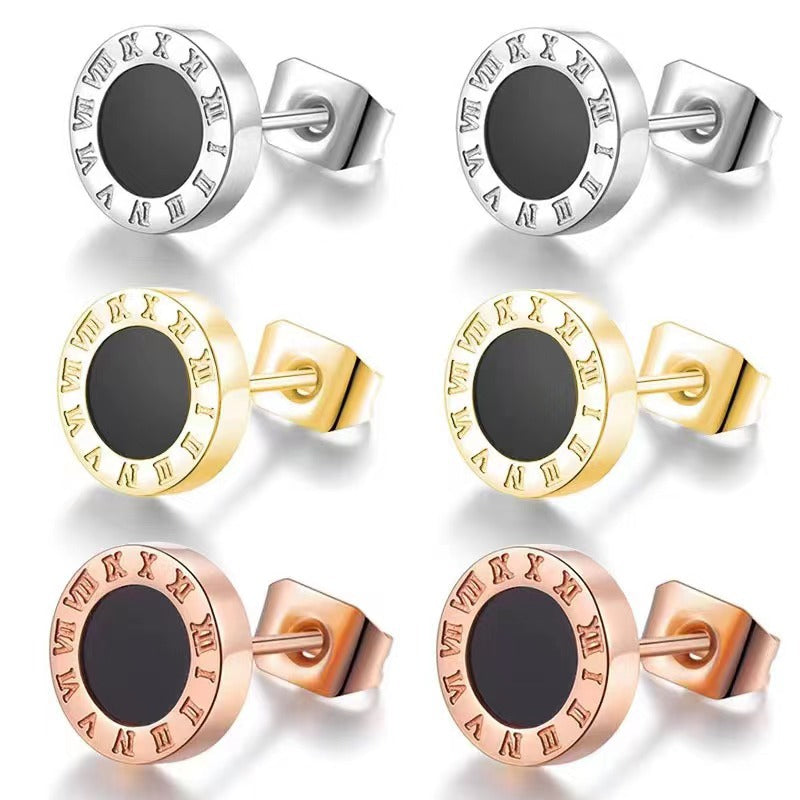 Men's Stainless Steel Roman Digital Drop Oil Personalized Puncture Stud Earrings