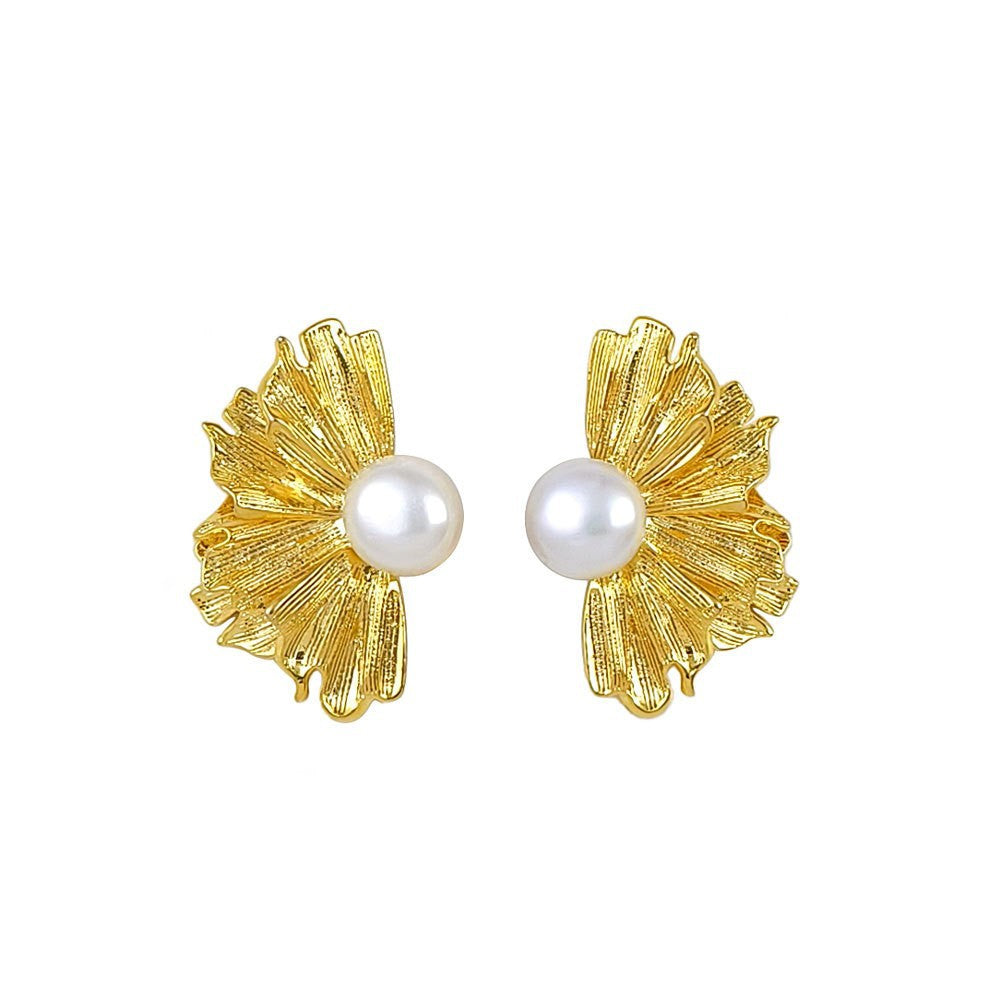 Pearl Irregular Fan Shaped Chinese Style High Sense Stud Earrings