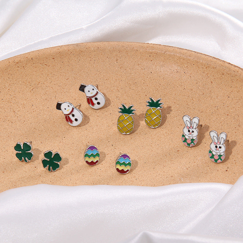 Easter Oil Dripping Alloy Egg Rabbit Earrings