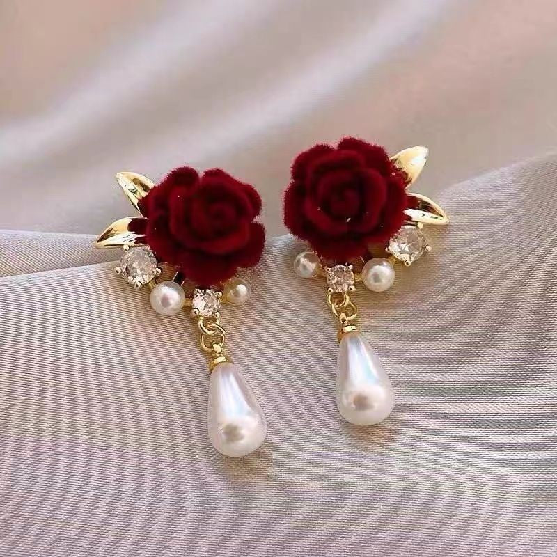 Retro Style Wine Red Black Veet Rose Pearl Elegant Stud Earrings