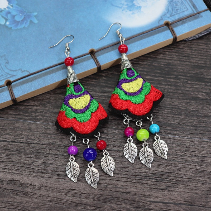 Women's Retro Ethnic Style Handmade Embroidered Fabric Long Flower Earrings