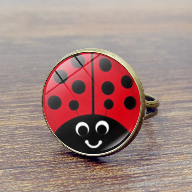 Round Polka Dot Time Stone Cartoon Anime Ladybug Brush Printed Ring