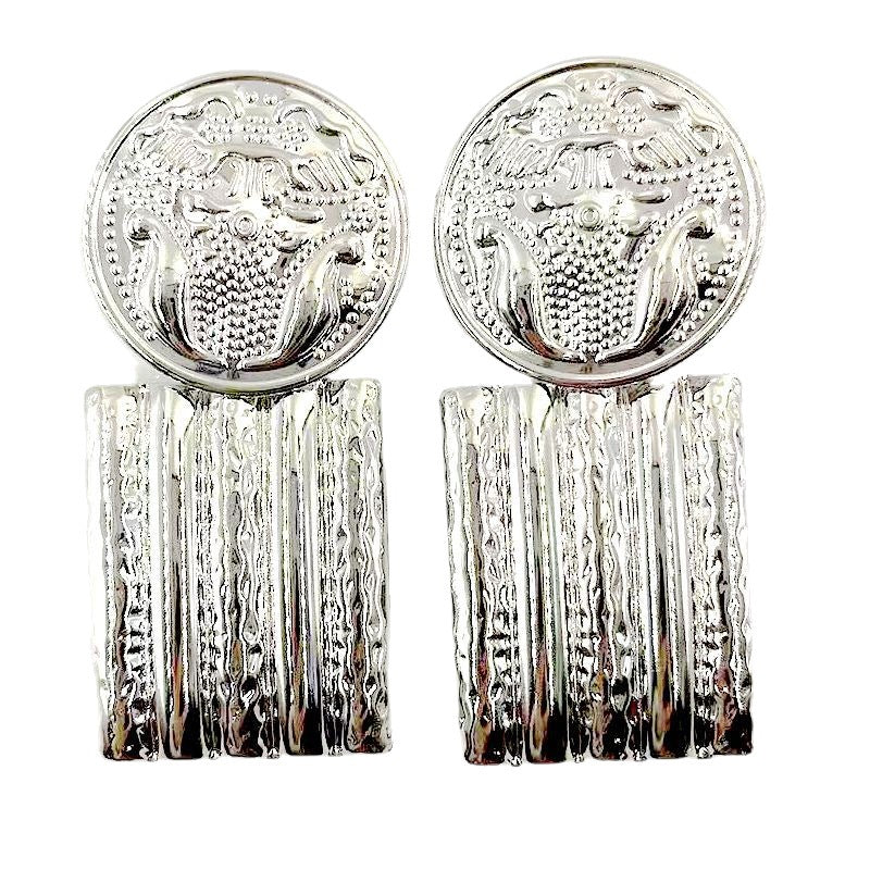 Court Style Geometric Three-dimensional Carved Round Badge Long Block Earrings