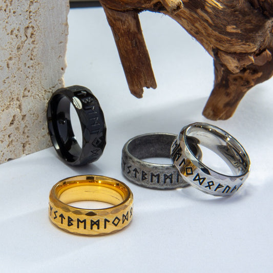 North Rune Distressed Retro Titanium Steel Rings