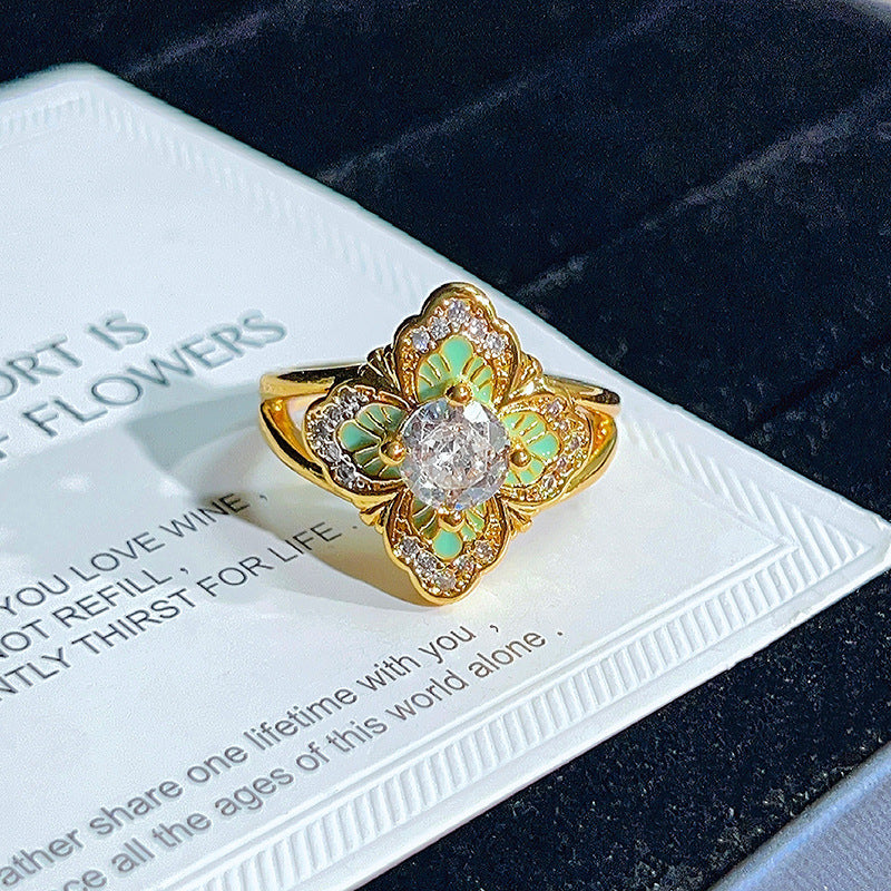 Colored Gems Flower Open Middle Ancient Ring