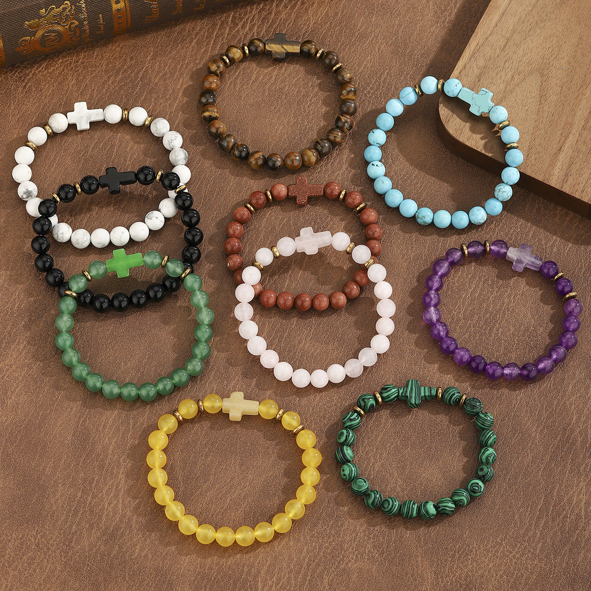 Stone Agate Crystal Cross Elastic Black White Bracelets
