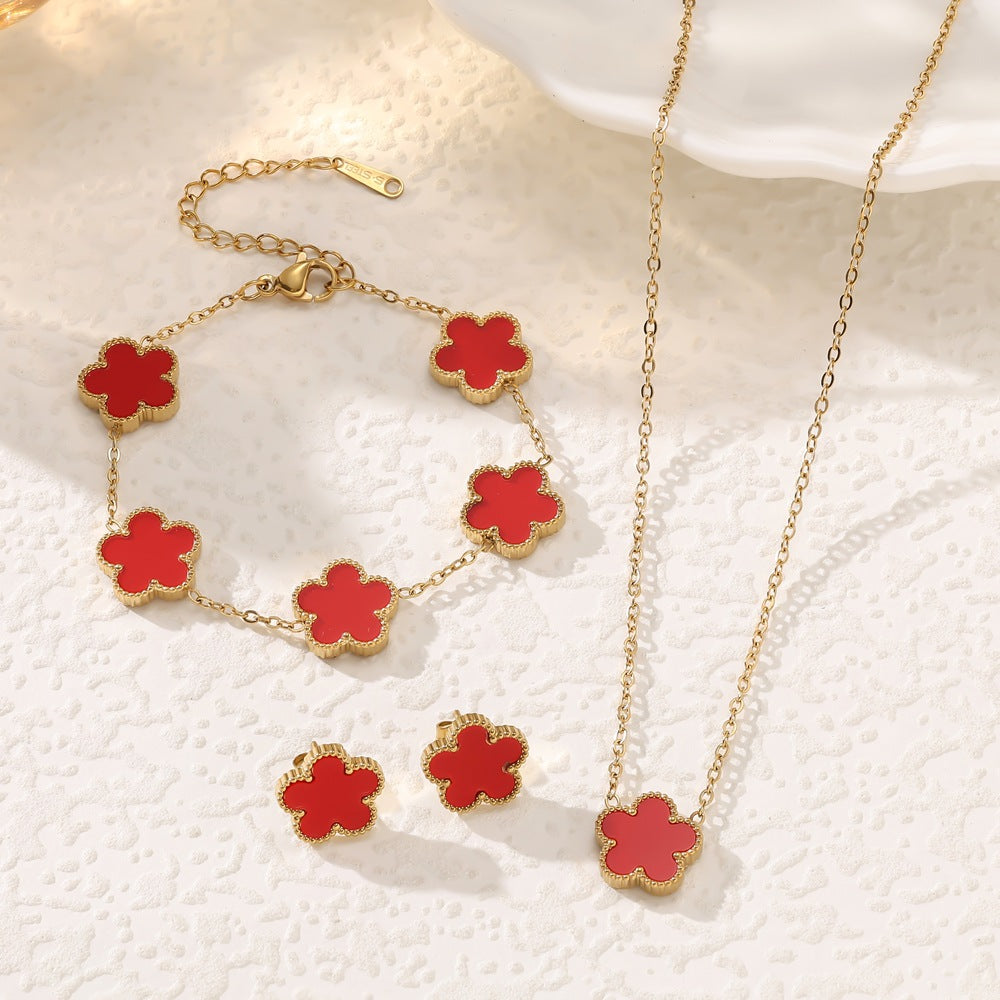 Women's Fashion Stainless Steel Five-leaf Flower Double-sided Jewelry Set