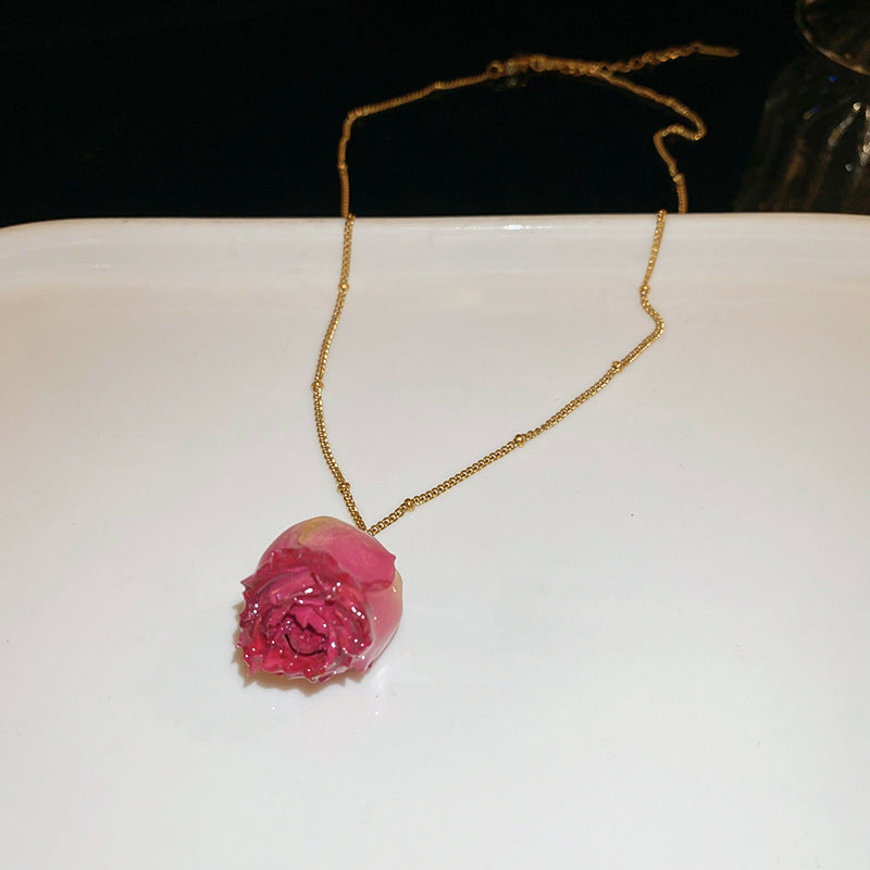 Women's Steel Dried Rose Real Flower Ear Suit Princess Style Clavicle Jewelry Set