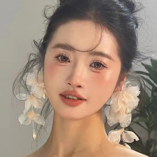 Beaded Ear Clip Artificial Pearl Bridal Wedding Satin Rose Earrings