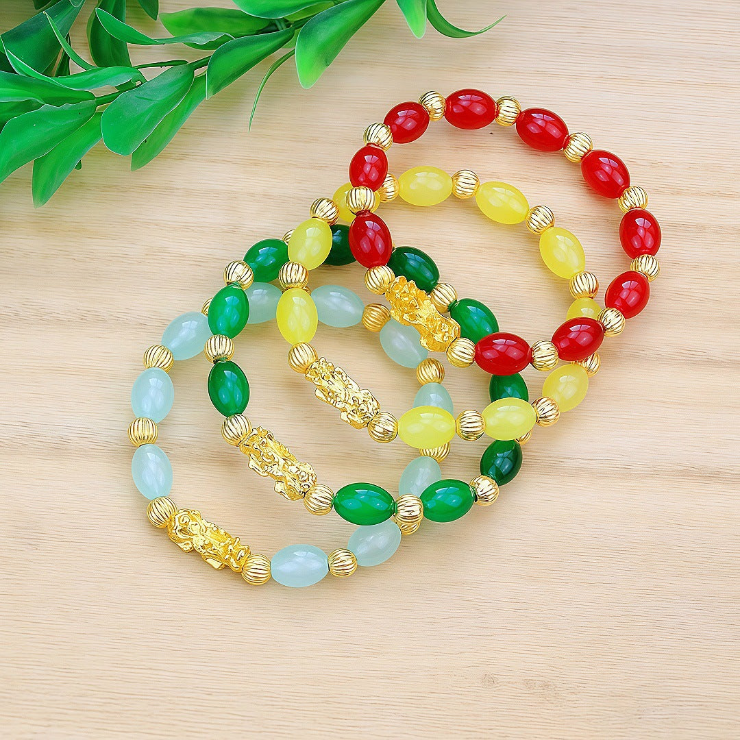 Jade Barrel Beads Gold Pi Longevity Bracelets