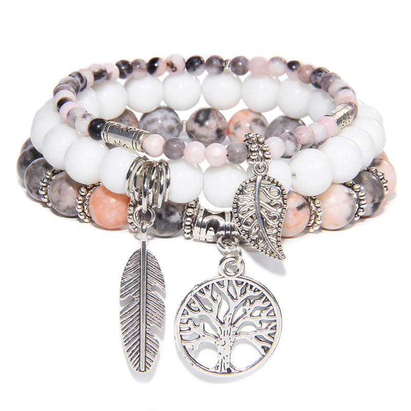 Women's Stone Bead Three-piece Tree Of Life Feather Vintage Bracelets