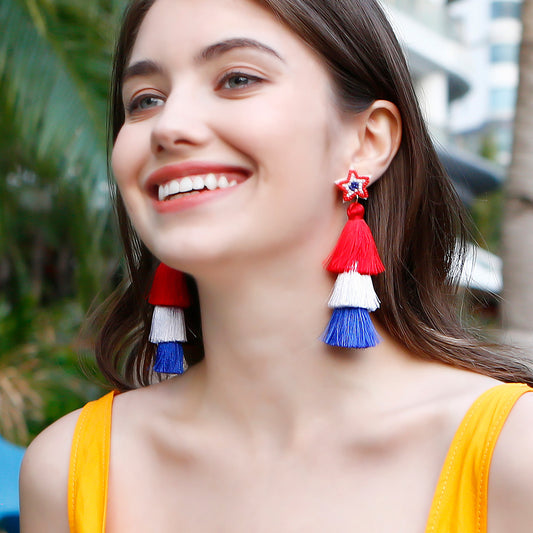 Women's Vintage Flag Ethnic Style Hand-woven Finished Red Blue Earrings