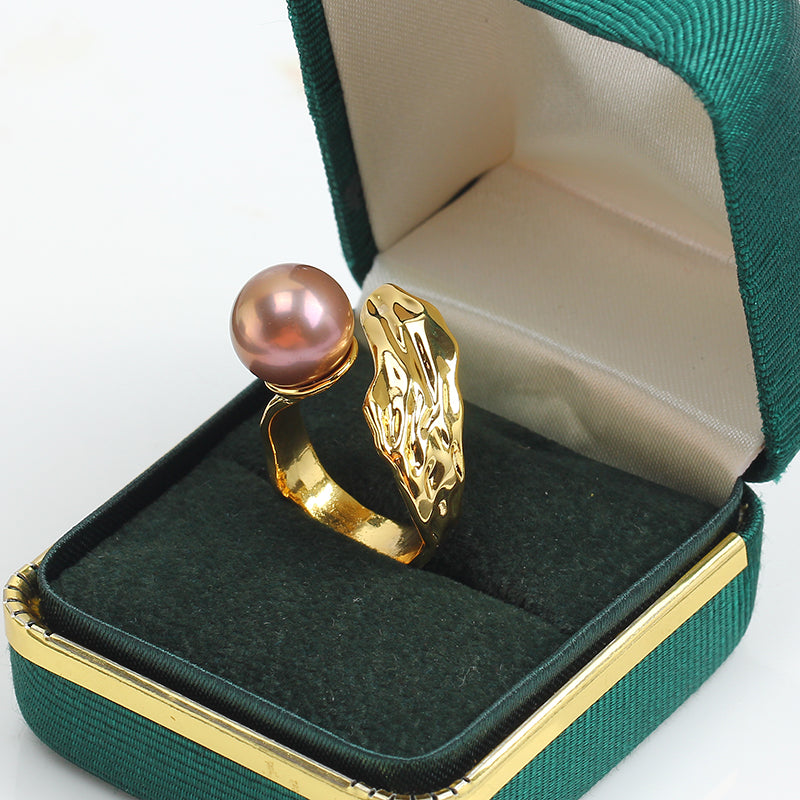 Women's Gold Injection Plating Color Retaining Leaf Zircon Pearl Eardrop Frame Ring