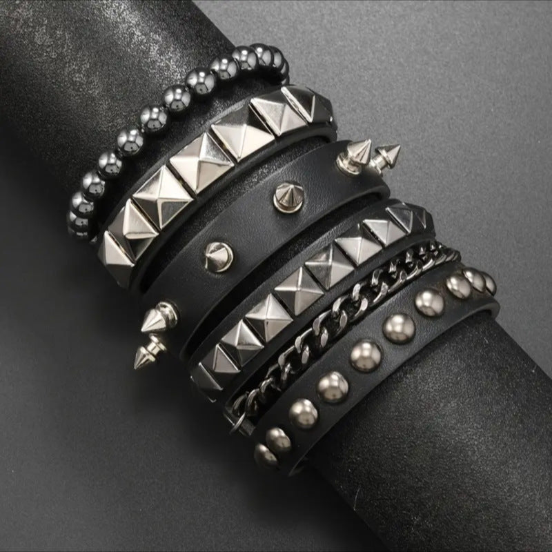 Exaggerated Tapered Pointed Rivet Three Rows Leather Bracelets