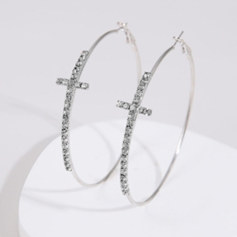 Women's Golden Cross Circle Diamond Simple Personality Exaggerated Earrings