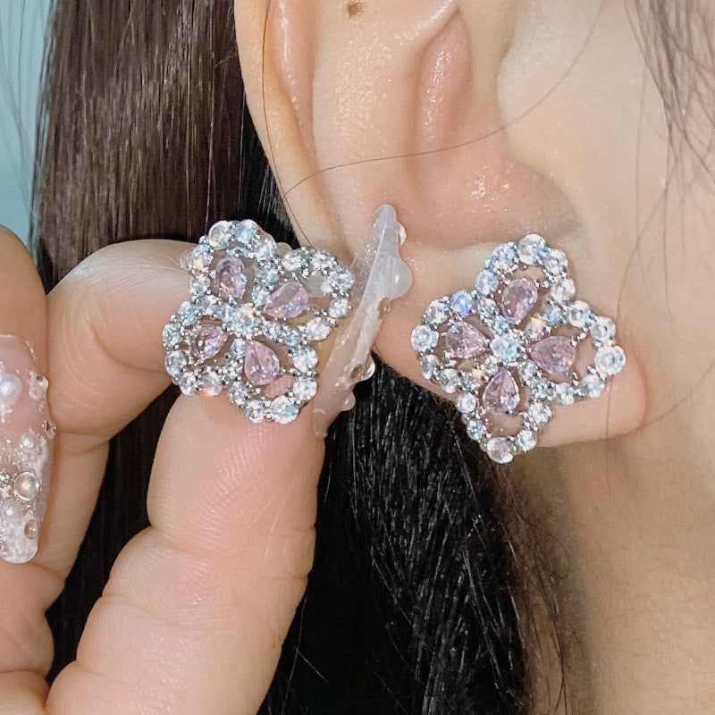 Women's Classic Rainbow Four Leaf Clover Ear Simple Plated Bright Zirconium Jewelry Set