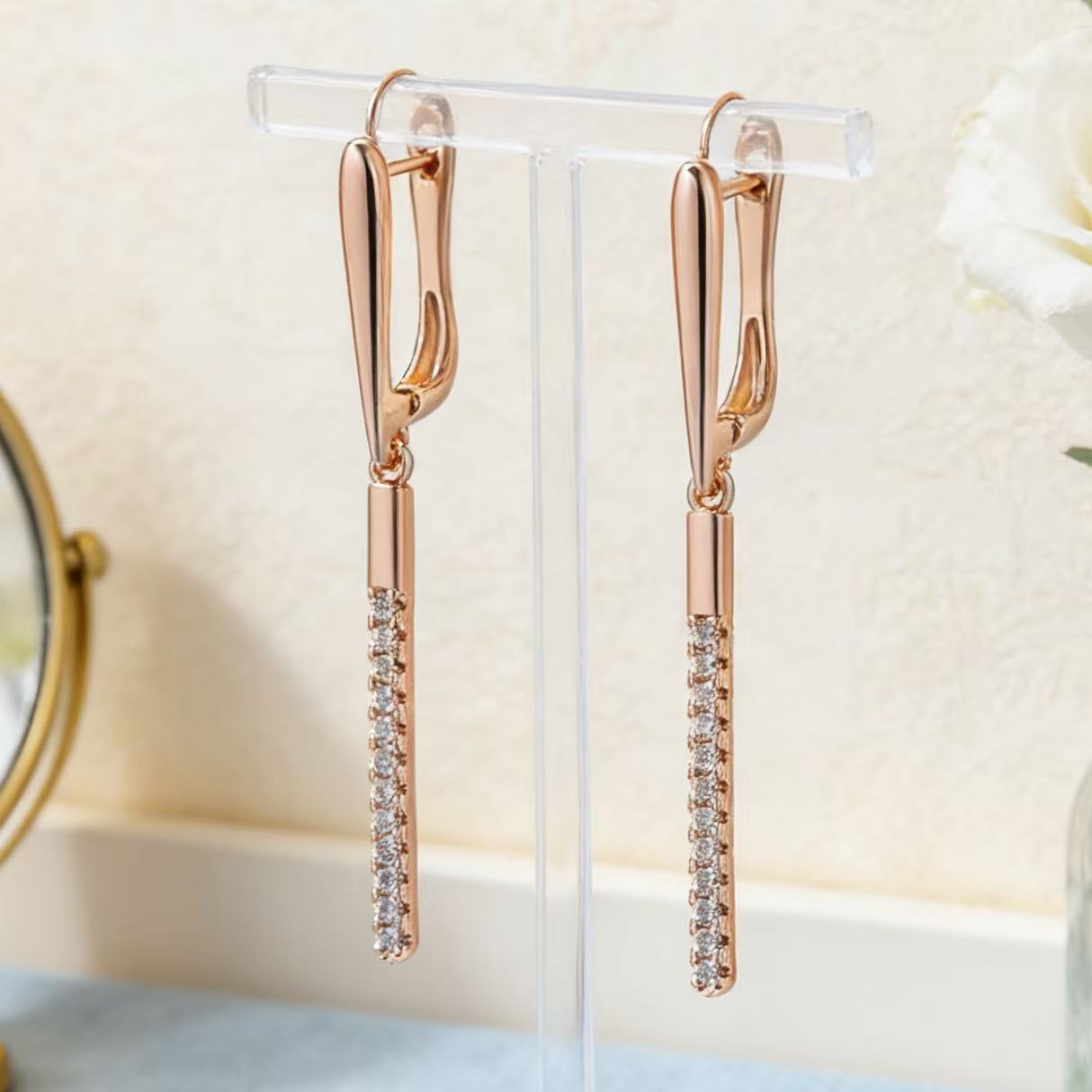 Women's Copper Rose Gold Micro Inlaid Zircon Long Light Luxury High-grade Earrings