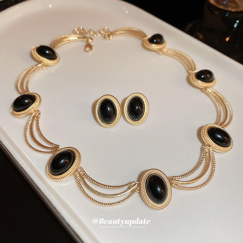 Sier Needle Retro Oval Geometric French Vintage Court Style Jewelry Set
