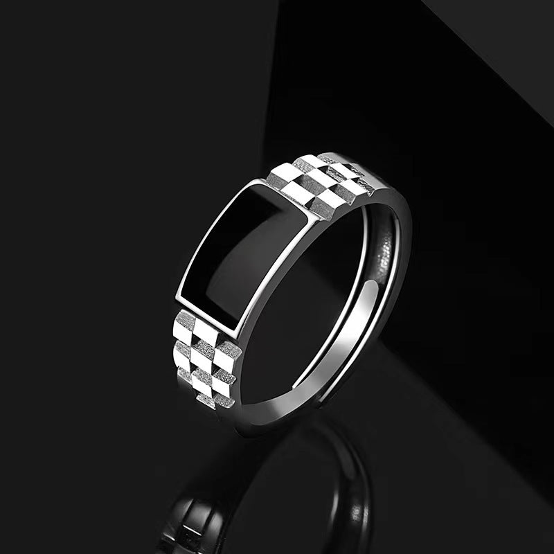 Sier Personality Fashion Drop Oil Plaid Punk Ring