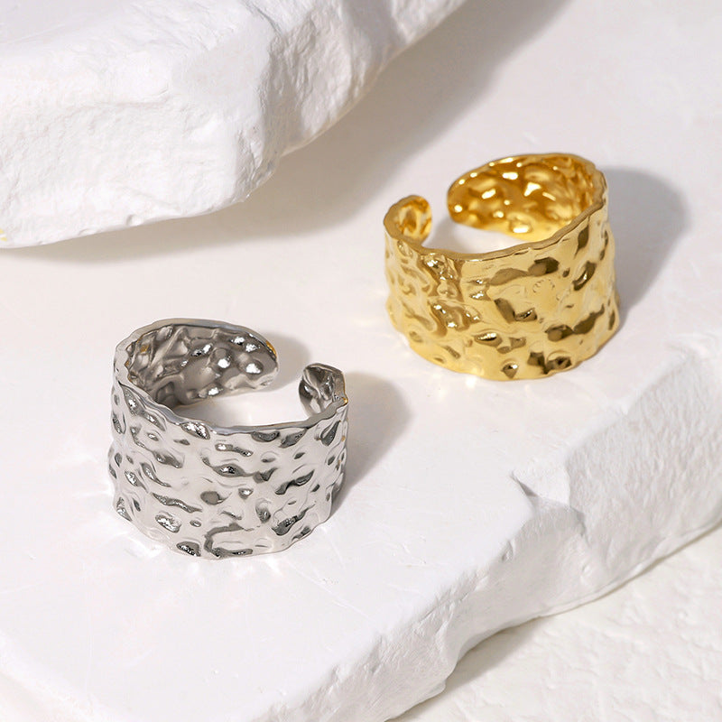 Women's Steel Open-end Gold-plated Irregular Hammered Wide Punk Ring