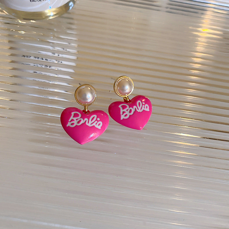 Drop Oil Barbie Letter Love Heart Imitation Pearl Earrings