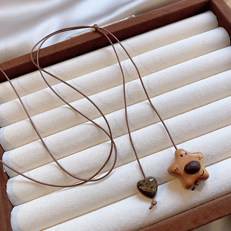 Wooden Tigereye Puppy Bear Female Winter Cute Design Sweater Chain Necklace