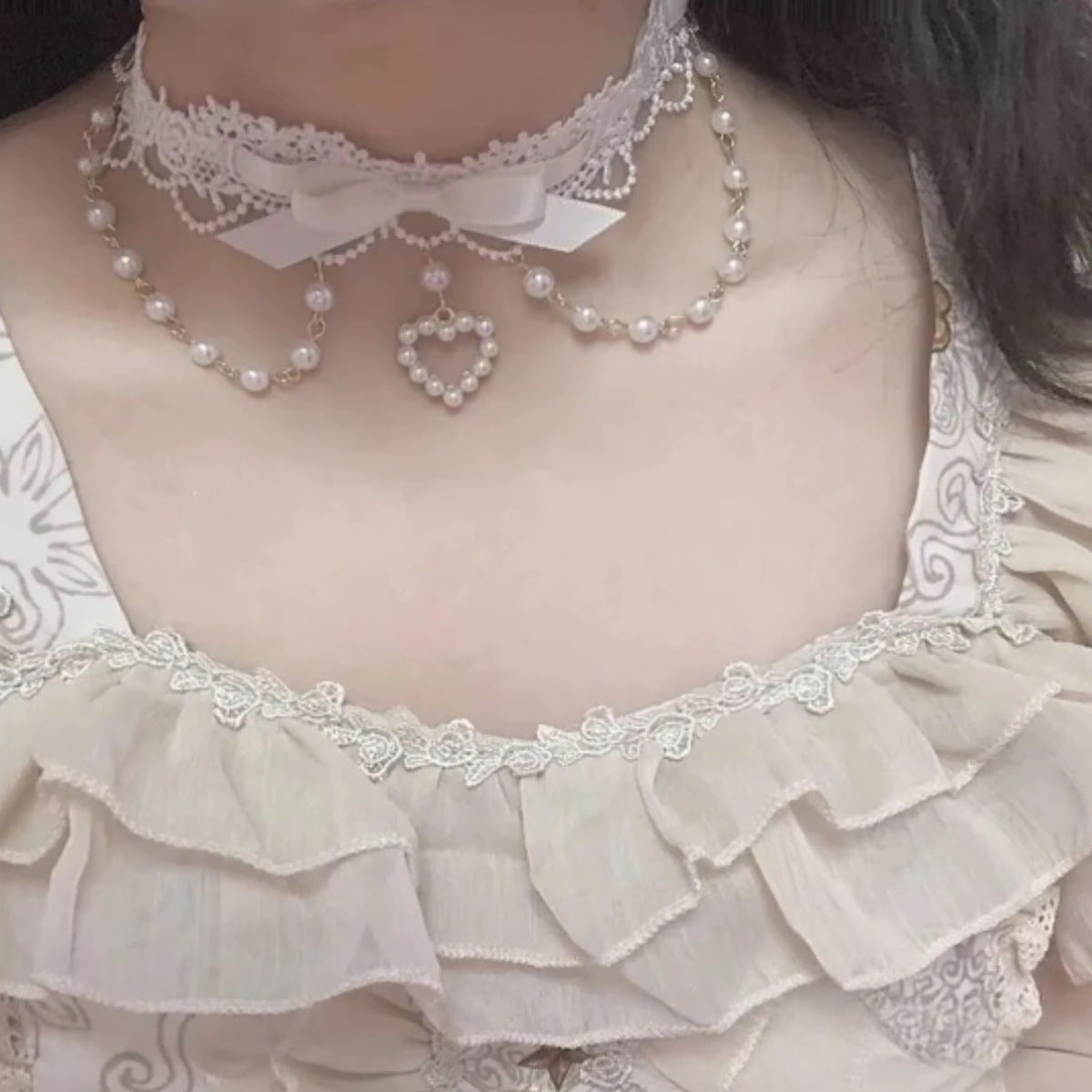 Sweet Lolita Gem Pearl Lace Ribbon Collar